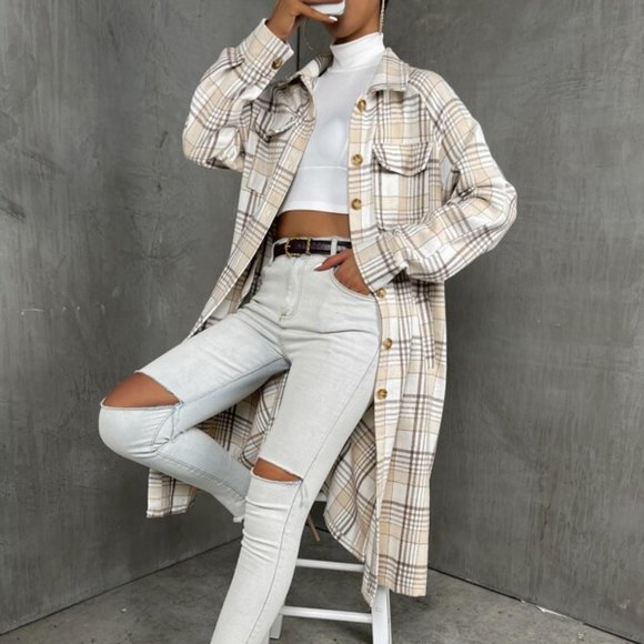 MODA ME COUTURE Jackets & Blazers - Plaid Print Long Casual Coat